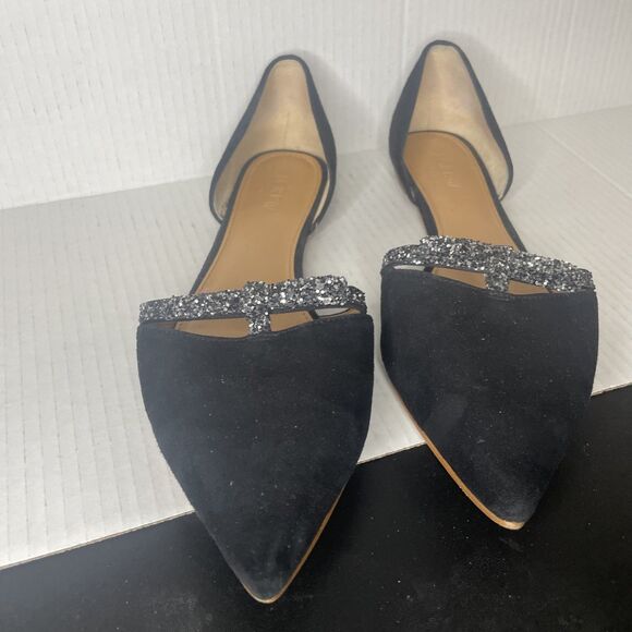 J. Crew Flats 12 Black D'Orsay Suede Glitter Bow Pointed Toe Career Classy Chic - Picture 2 of 16